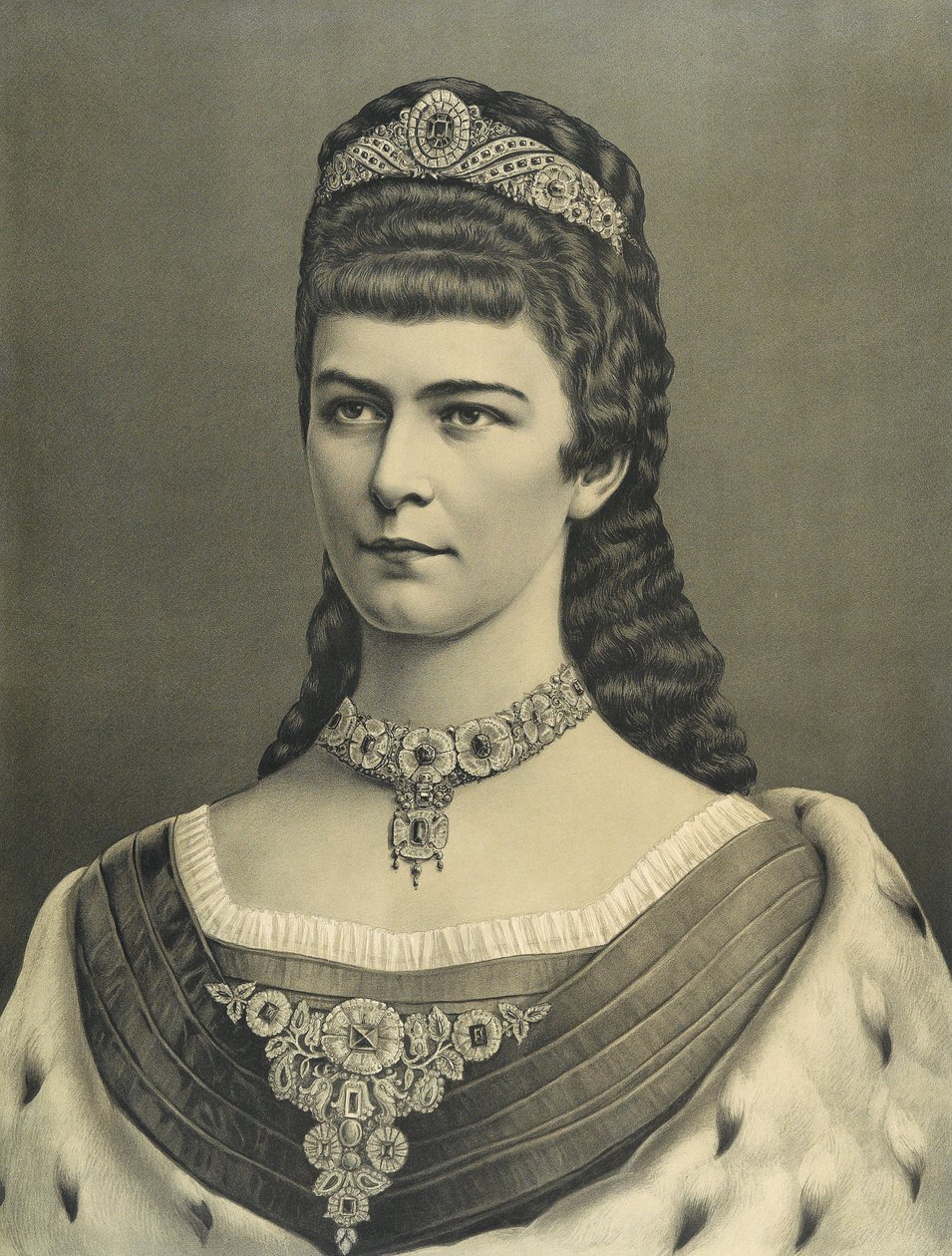 Portretlithografie keizerin Elisabeth met robijnsieraden door Unbekannt Unbekannt