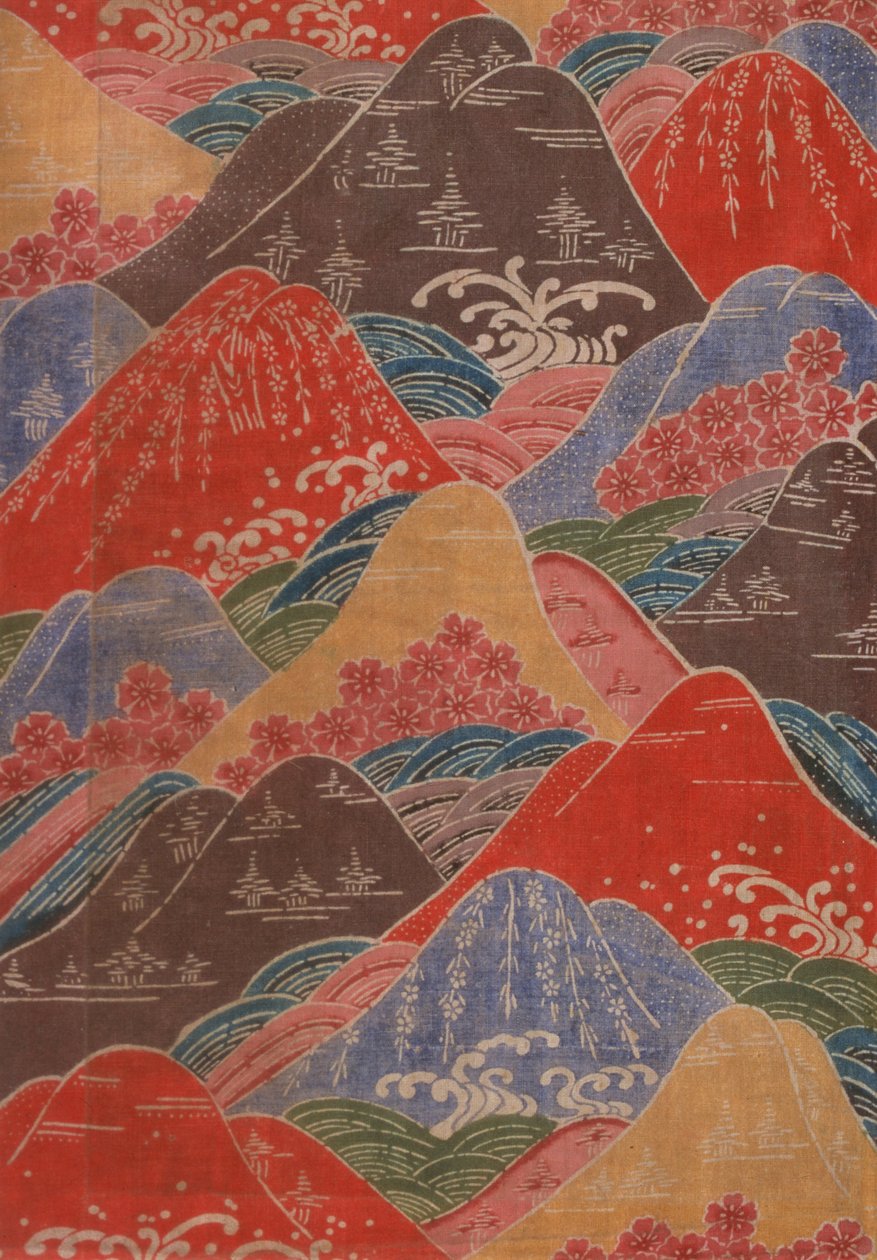 Bingata textiel fragment - kersenbloesems, golven, bergen motieven door Unbekannt Unbekannt