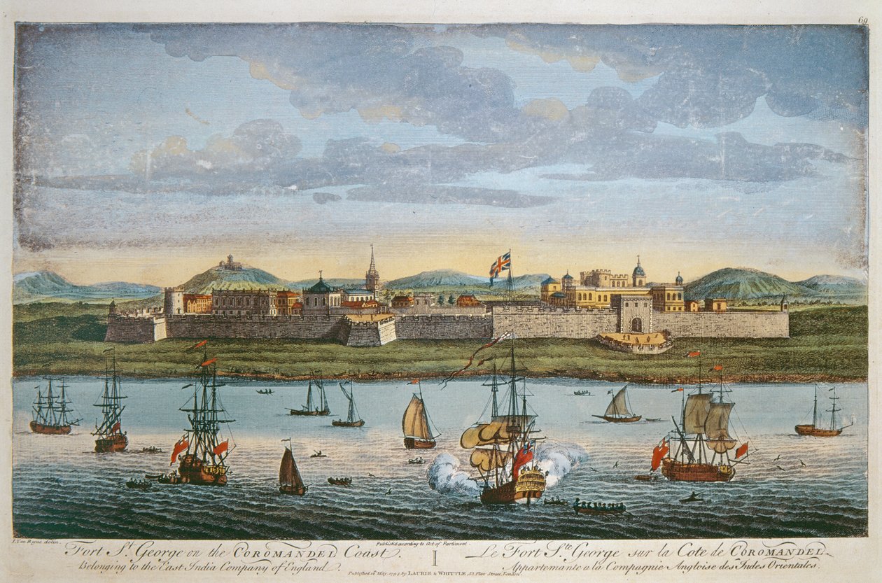 Fort St. George, Coromandelkust, India. Gekleurde gravure door I Van Ryne, 1794 door Unbekannt Unbekannt