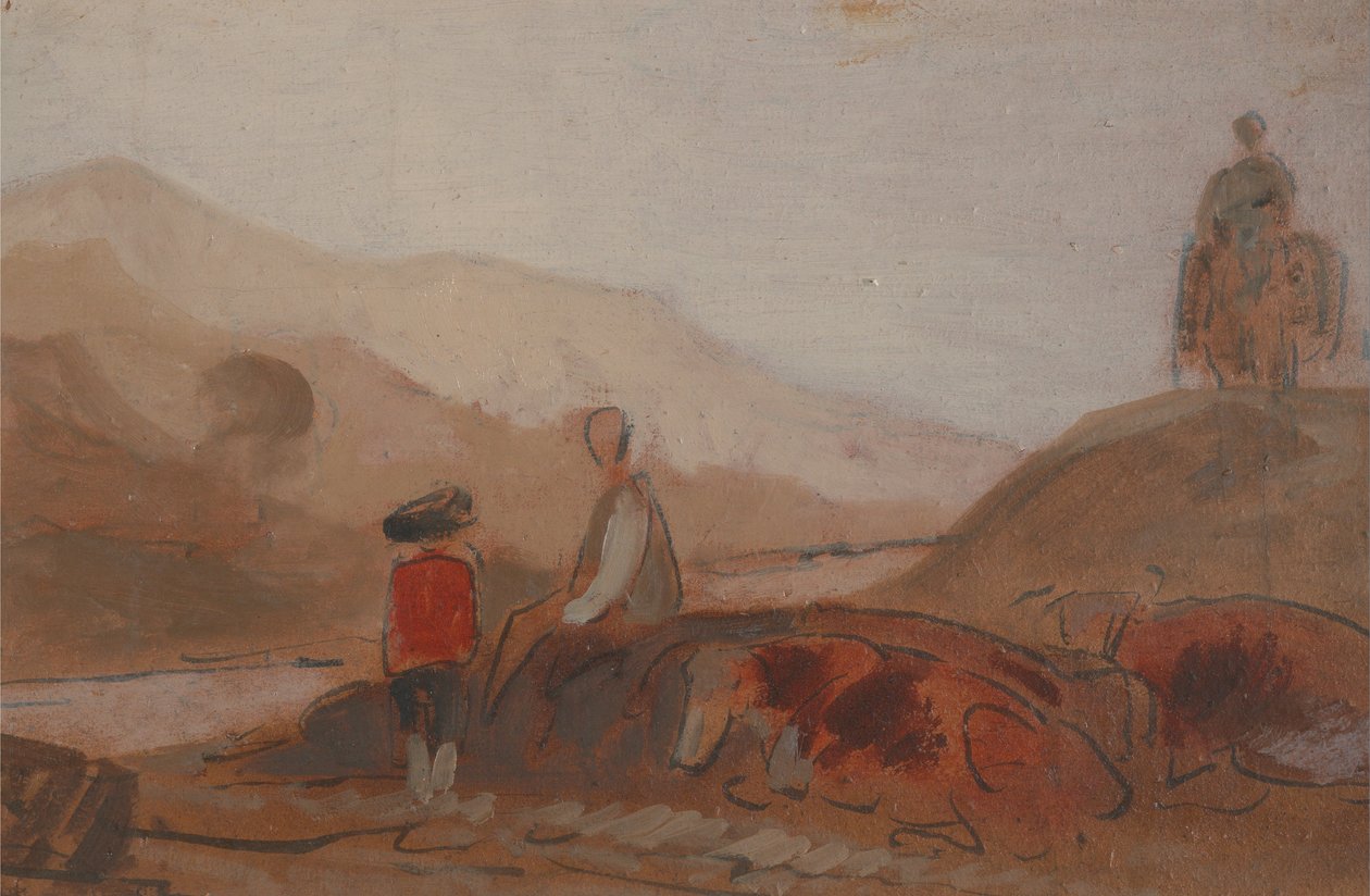 Bergachtig landschap met figuren bij een meer door Unbekannt Unbekannt