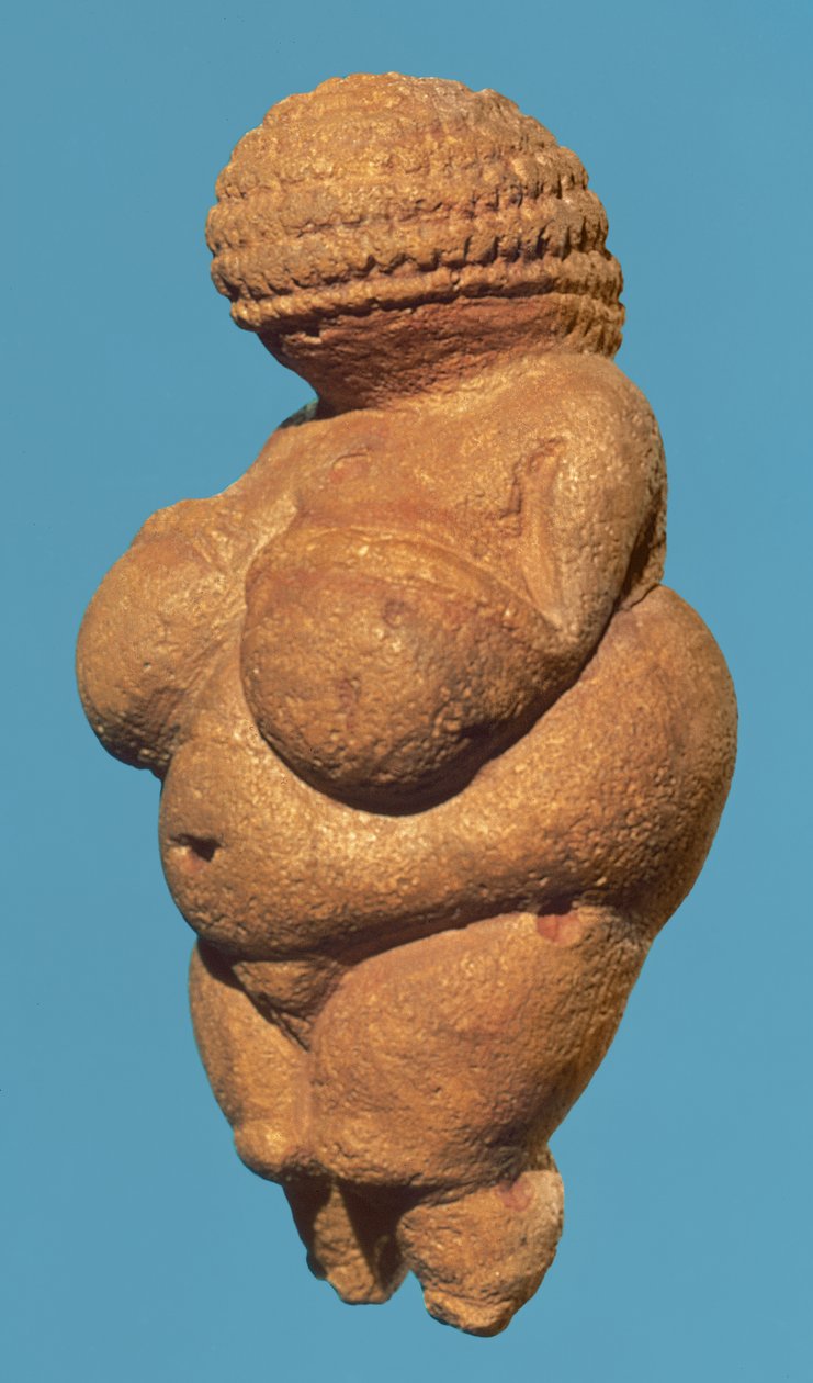 De Venus van Willendorf, zijaanzicht van vrouwelijke figuur, Gravettiaanse cultuur, Boven-Paleolithische periode, ca. 30000-18000 v.Chr. door Unbekannt Unbekannt