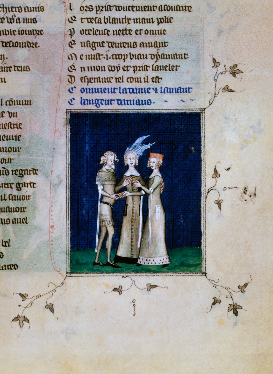 Een ridder en een dame wisselen ringen uit, ca. 1350 door Unbekannt