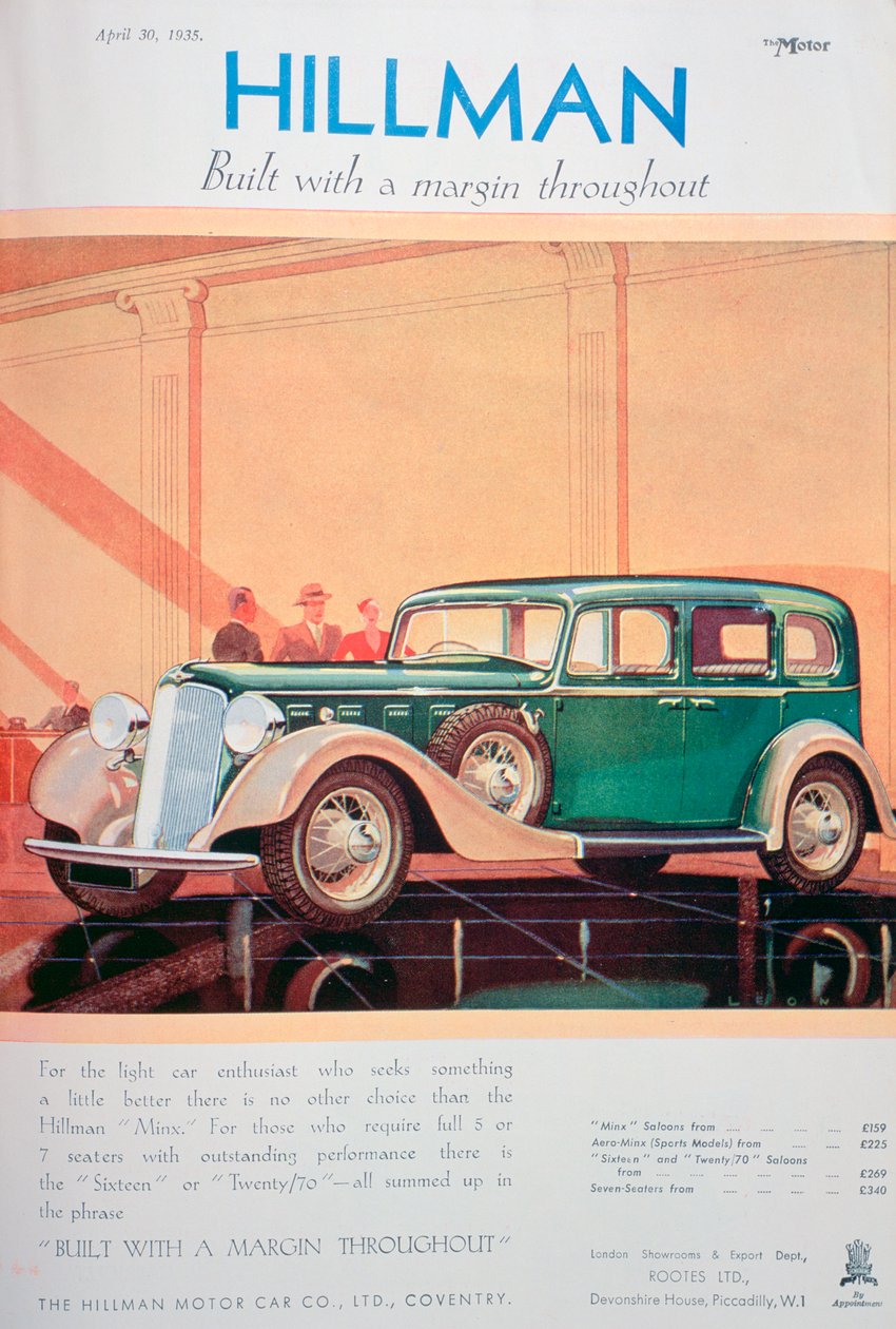 Advertentie voor Hillman-motorauto