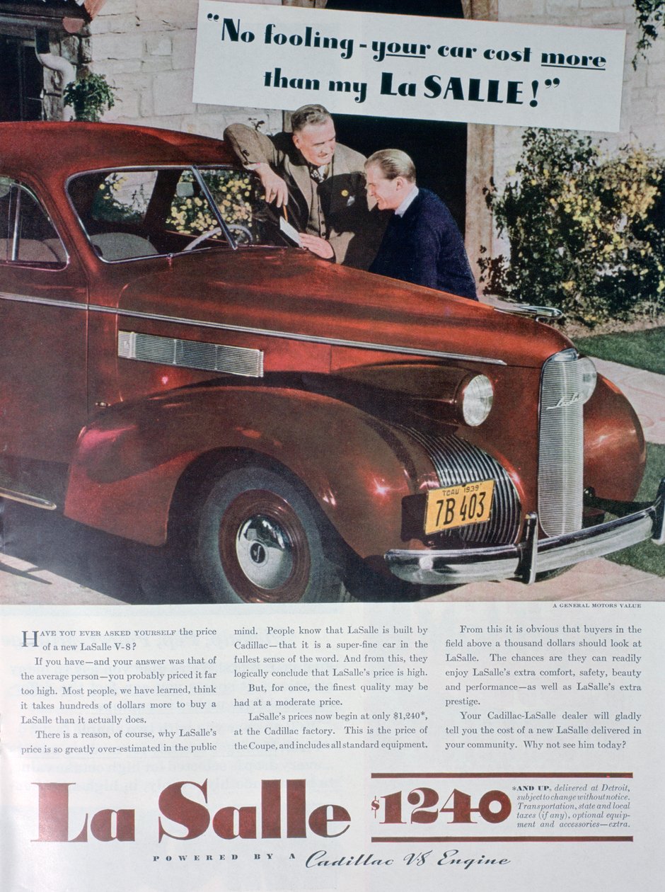 Advertentie voor de LaSalle V8 auto, 1939 door Unbekannt