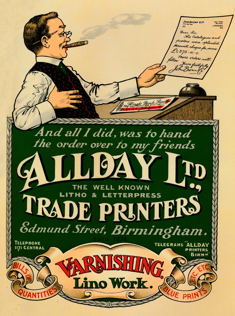 Allday Ltd., Handelsdrukkerij advertentie, 1910 door Unbekannt