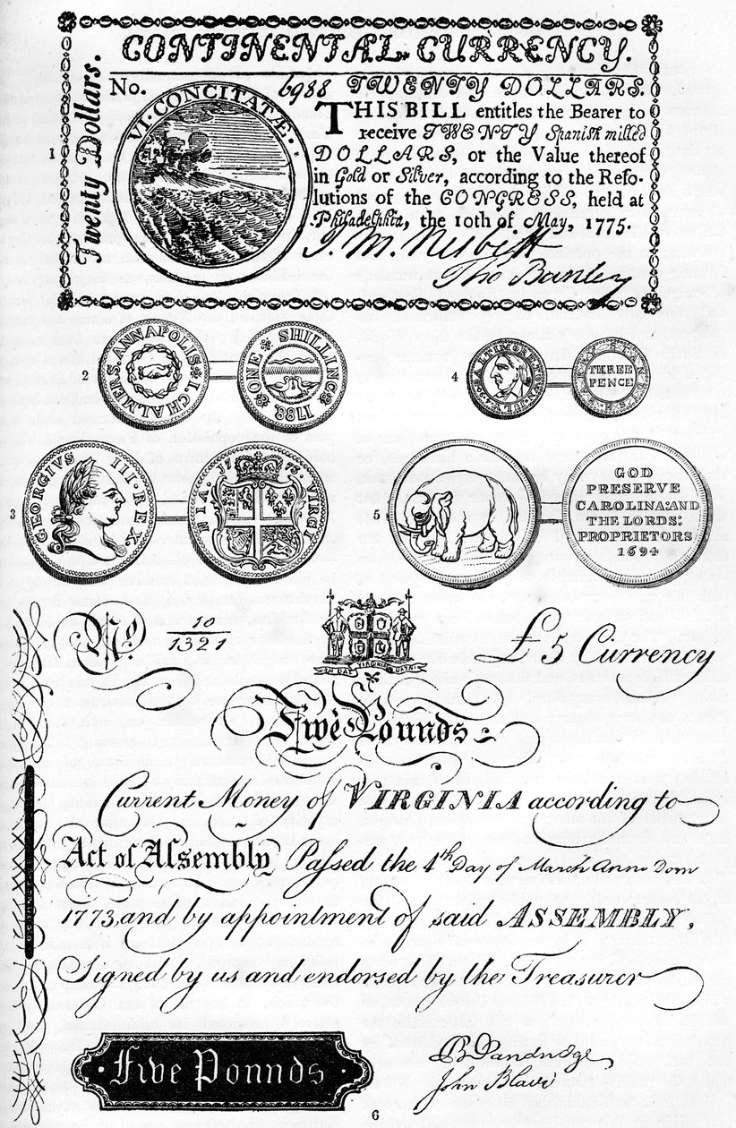 Amerikaanse munten en papiergeld, 17e-18e eeuw ca. 1880 door Unbekannt
