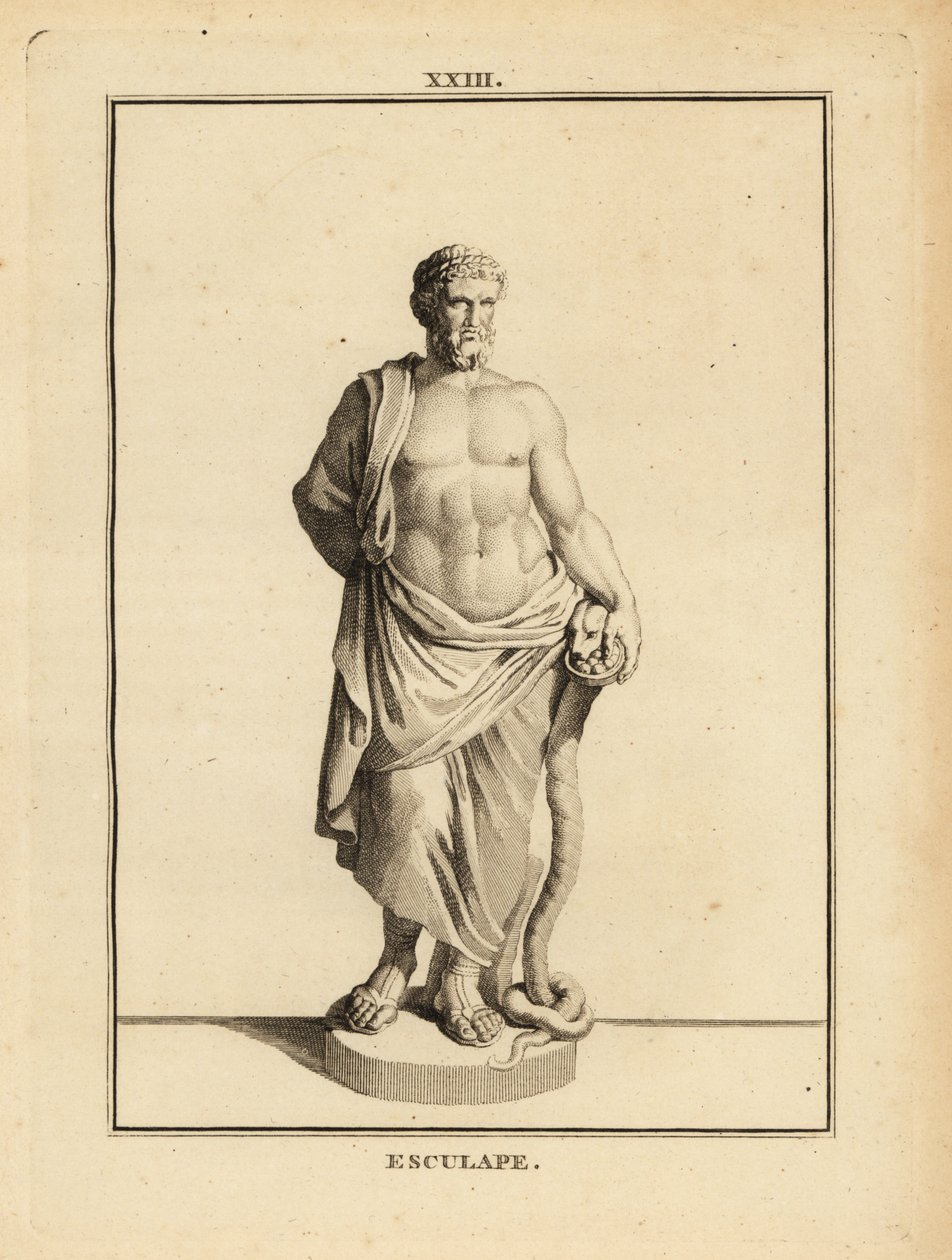 Asclepius, Griekse god van de geneeskunde met staf omwonden door een slang door Unbekannt