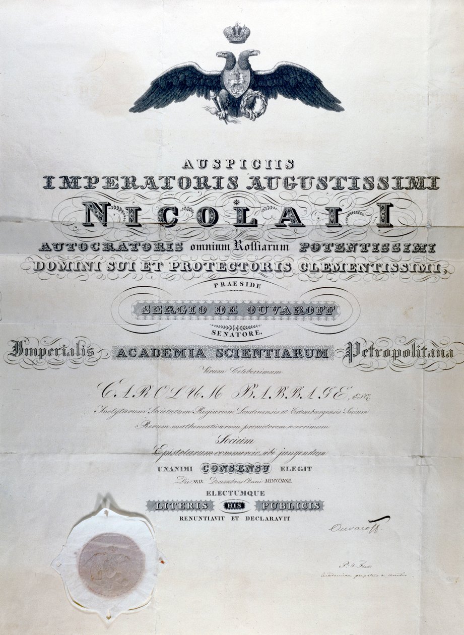 Babbage Diploma van Imperialis Academia Scientiarium Petropolitana door Unbekannt