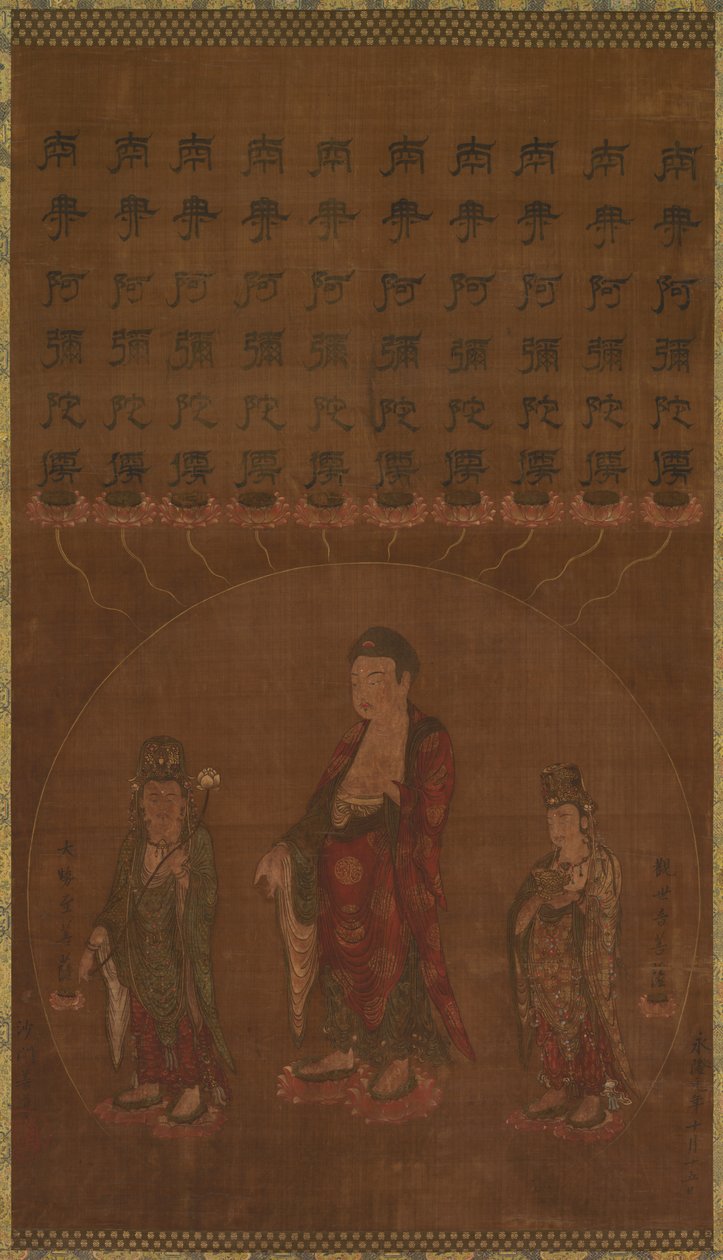 Boeddha Amitabha met Twee Begeleidende Bodhisattva