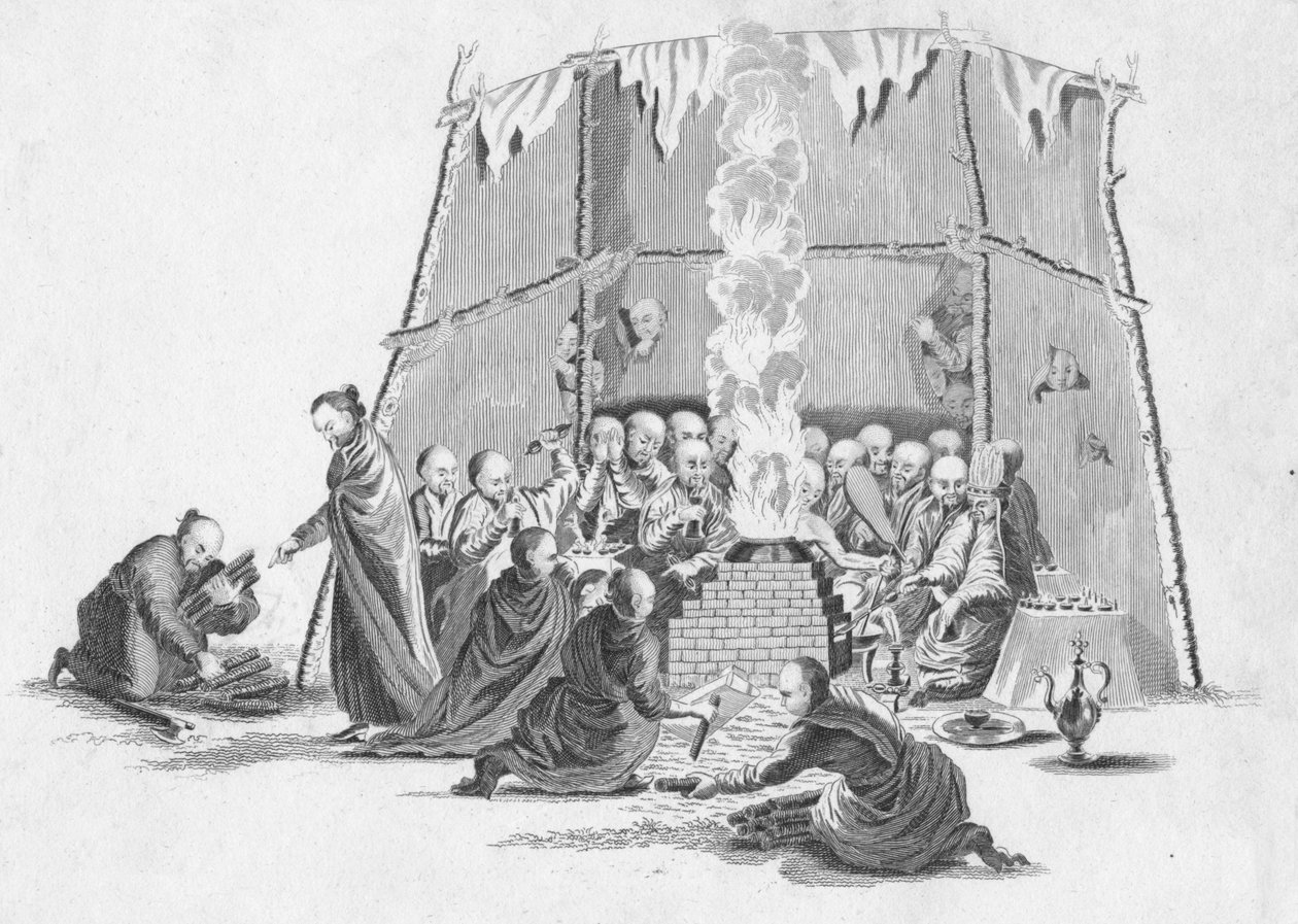 Het verbranden van het dode lichaam van een Lama, ca. 1802 door Unbekannt