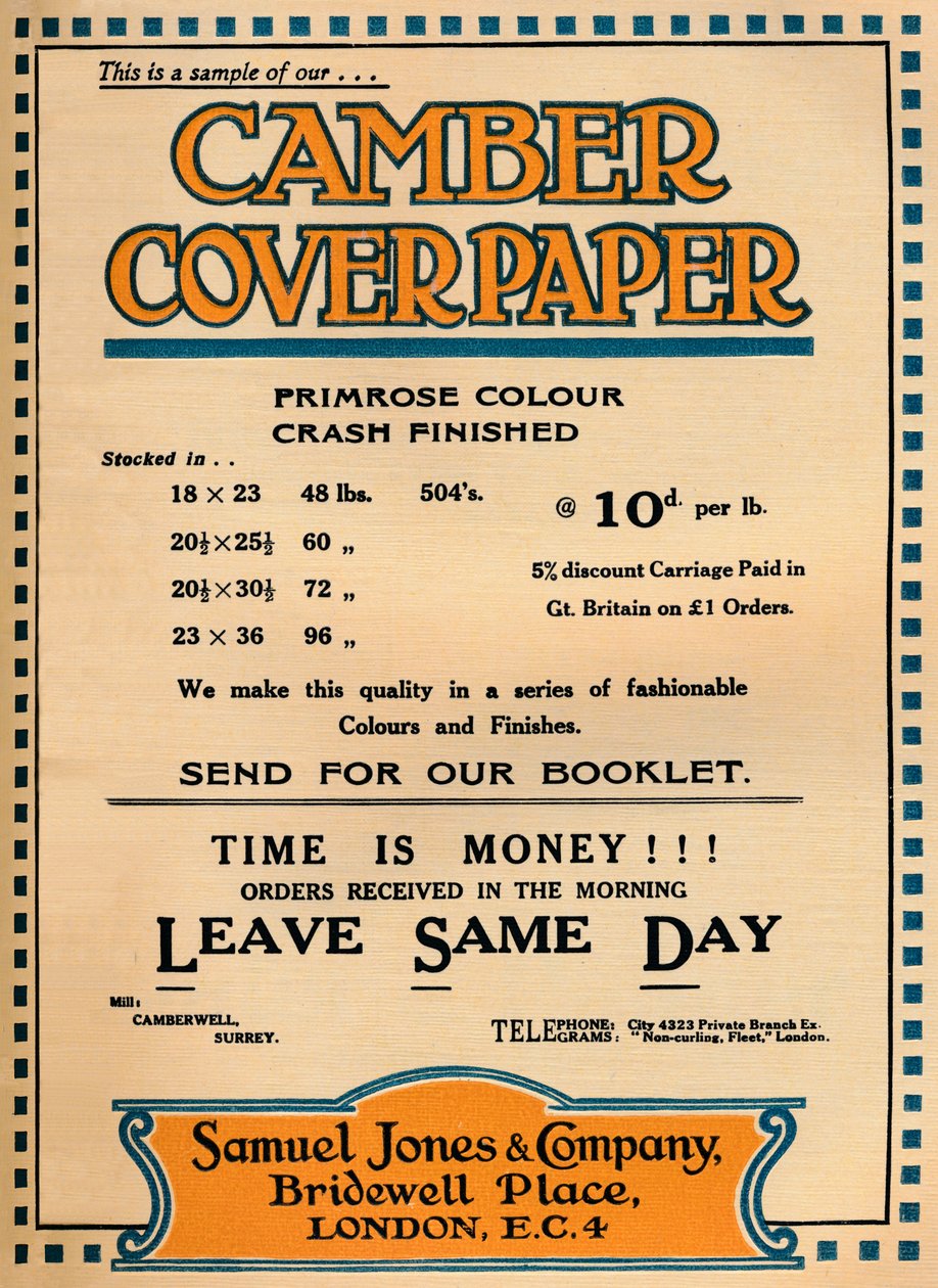 Camber Coverpaper - Samuel Jones & Company advertentie, 1919 door Unbekannt