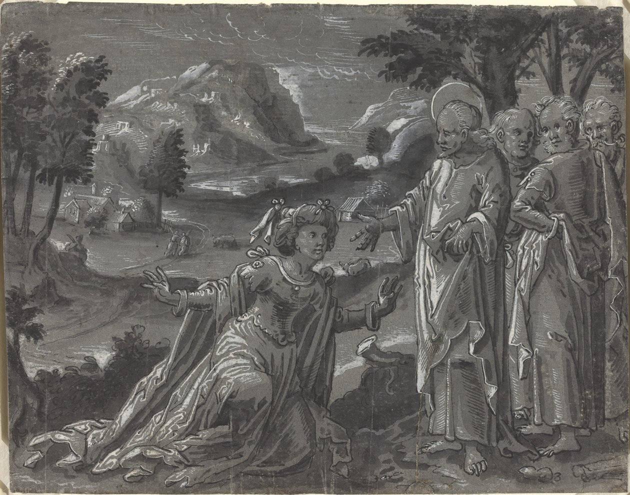 Christus en de overspelige vrouw (recto), ca. 1600 door Unbekannt