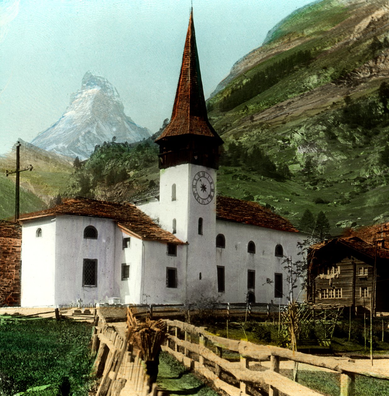 Kerk en Matterhorn, Zermatt, Zwitserland door Unbekannt
