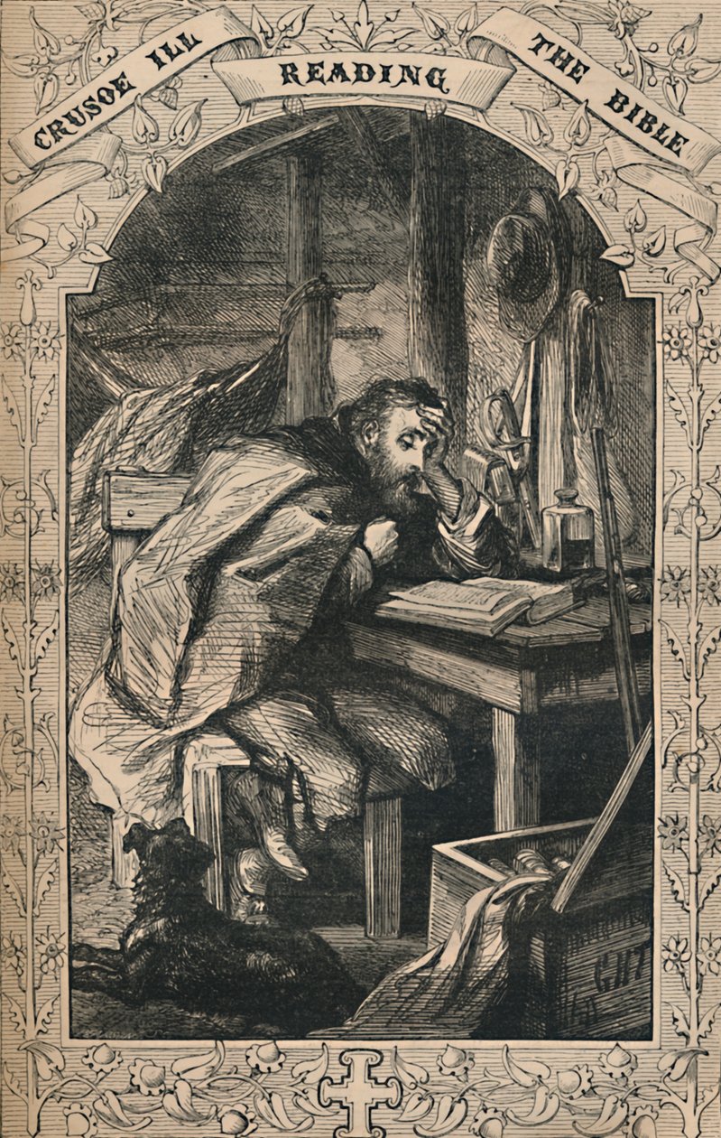 Crusoe leest de Bijbel, c1870 door Unbekannt