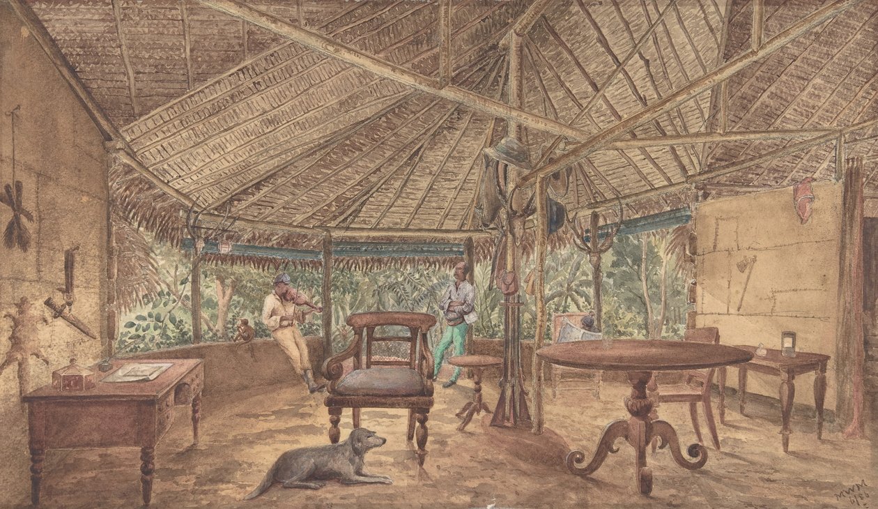 Europese mannen in een Afrikaanse jungle lodge, 1886 door Unbekannt