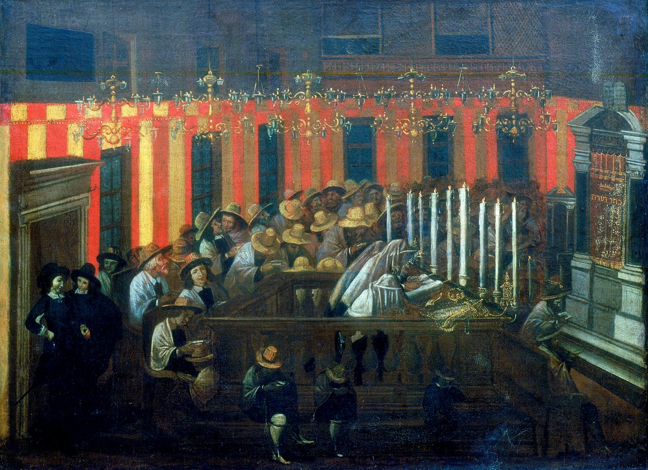 Interieur van een synagoge tijdens het gebed door Unbekannt