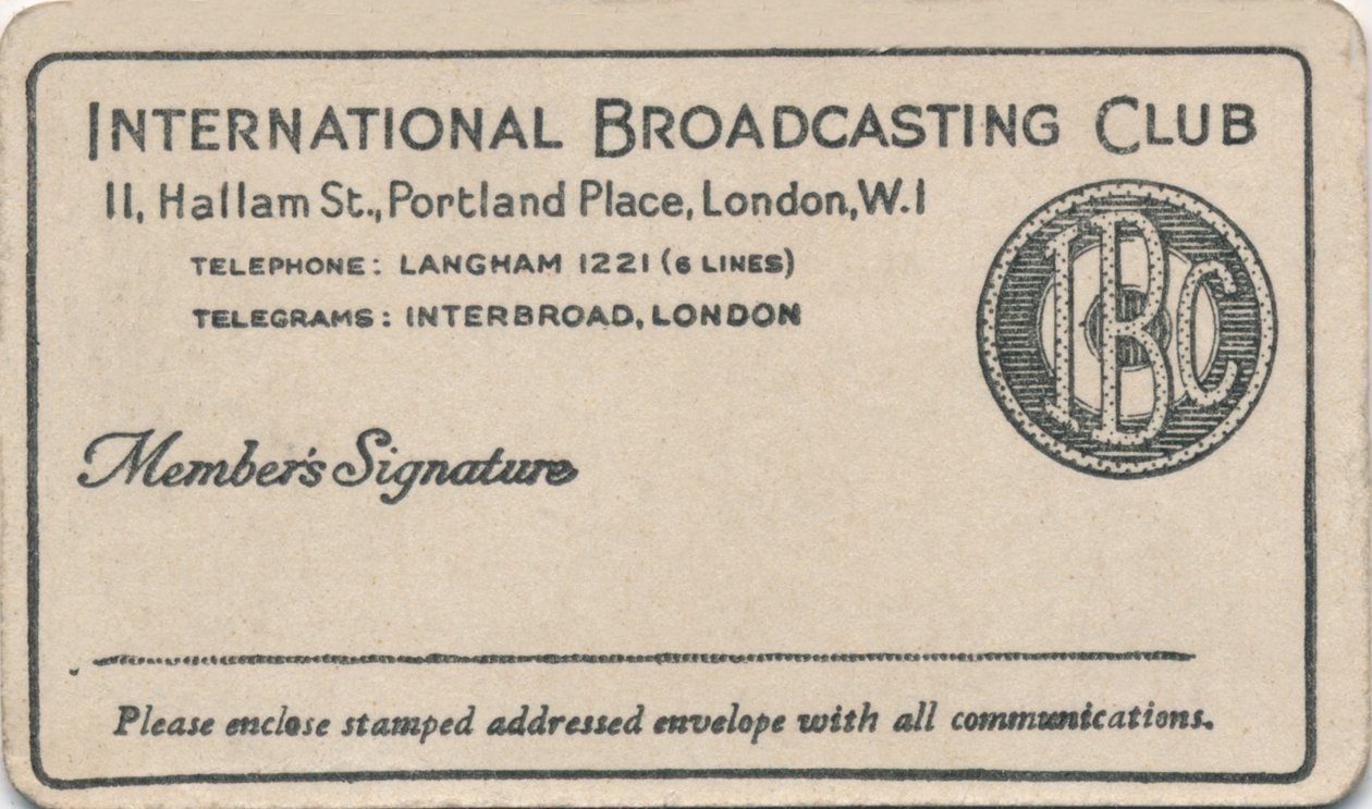 International Broadcasting Club: Lidmaatschapskaart, ca. 1930s door Unbekannt