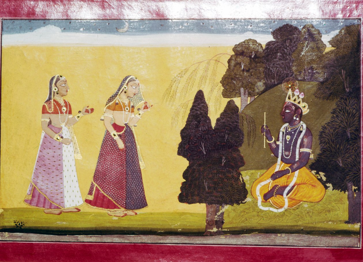 Krishna met fluit, benaderd door twee dames door Unbekannt