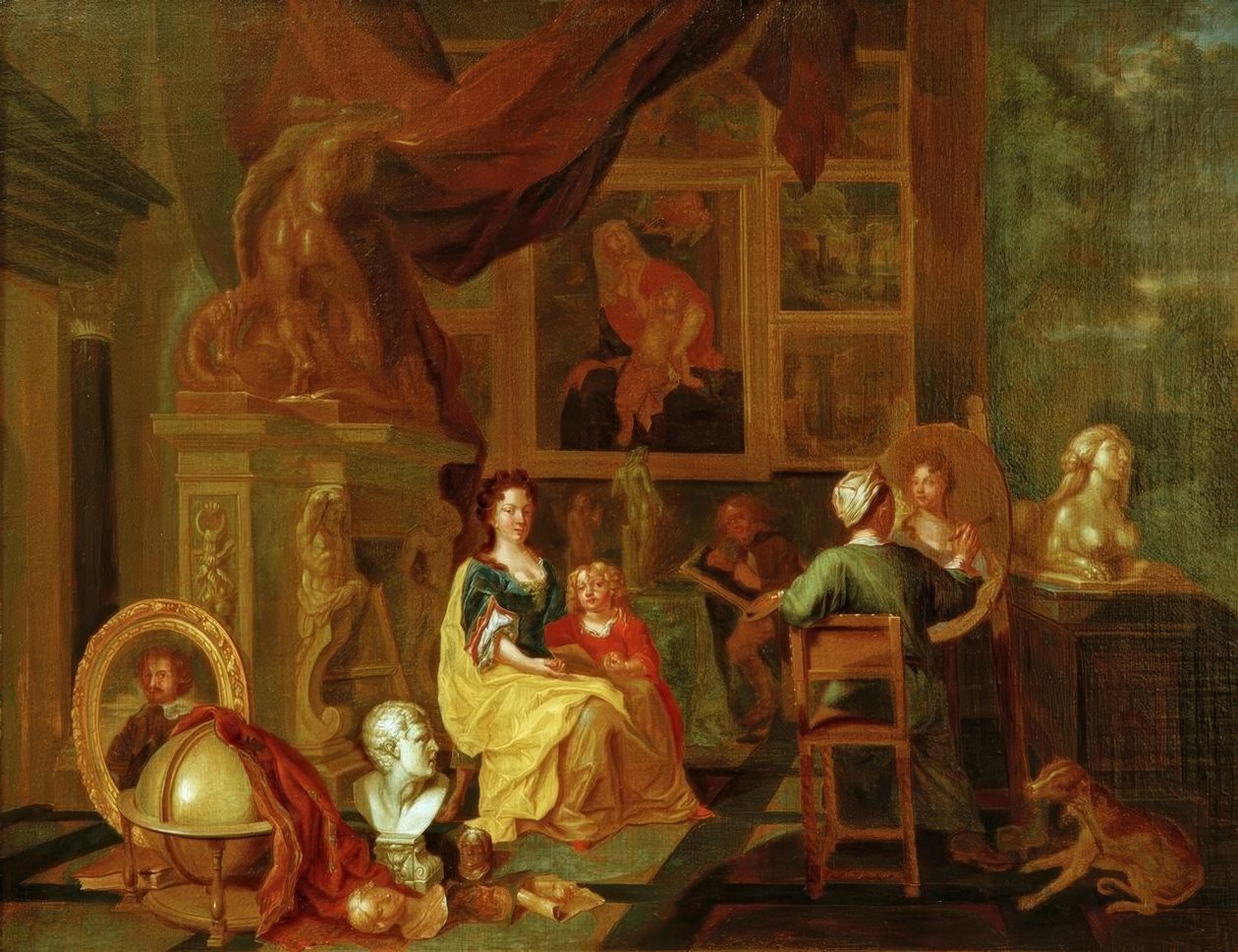 Schilder met Familie in zijn Atelier door Unbekannt