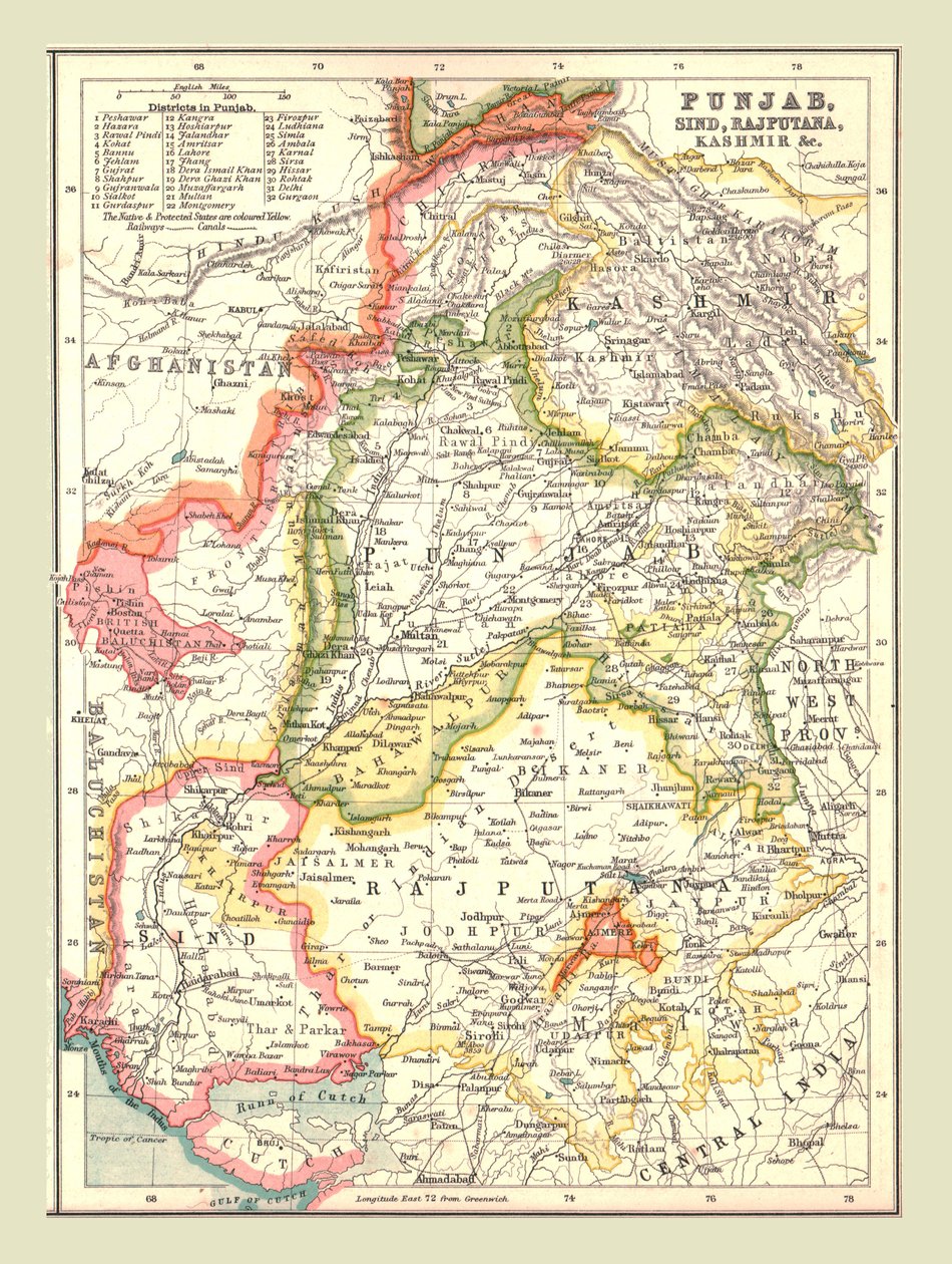 Kaart van Punjab, Sind, Rajputana en Kashmir, 1902 door Unbekannt