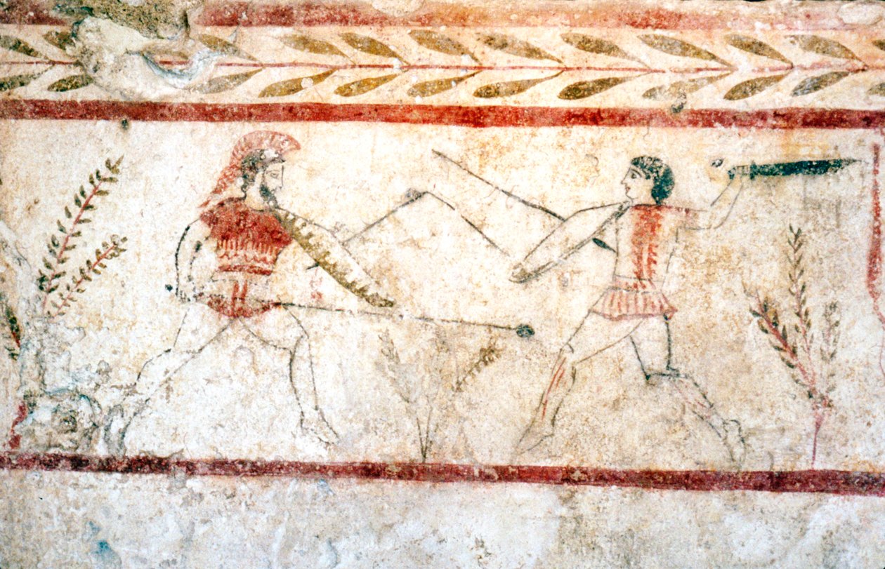 Mannen die vechten met Speren, Paestum, ca. 4e eeuw v.Chr. door Unbekannt