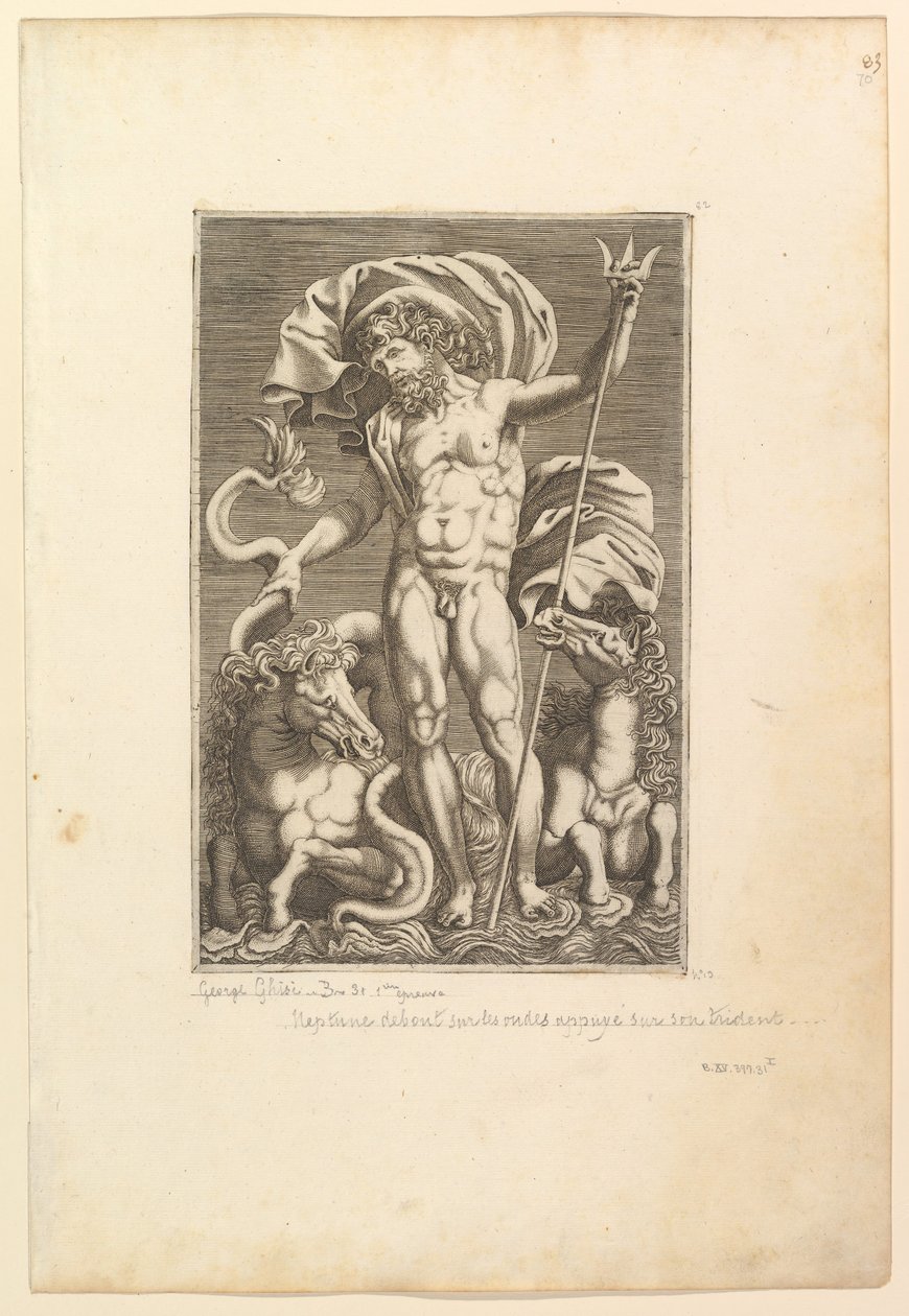 Neptunus tussen twee zeepaarden, ca. 1560-80 door Unbekannt