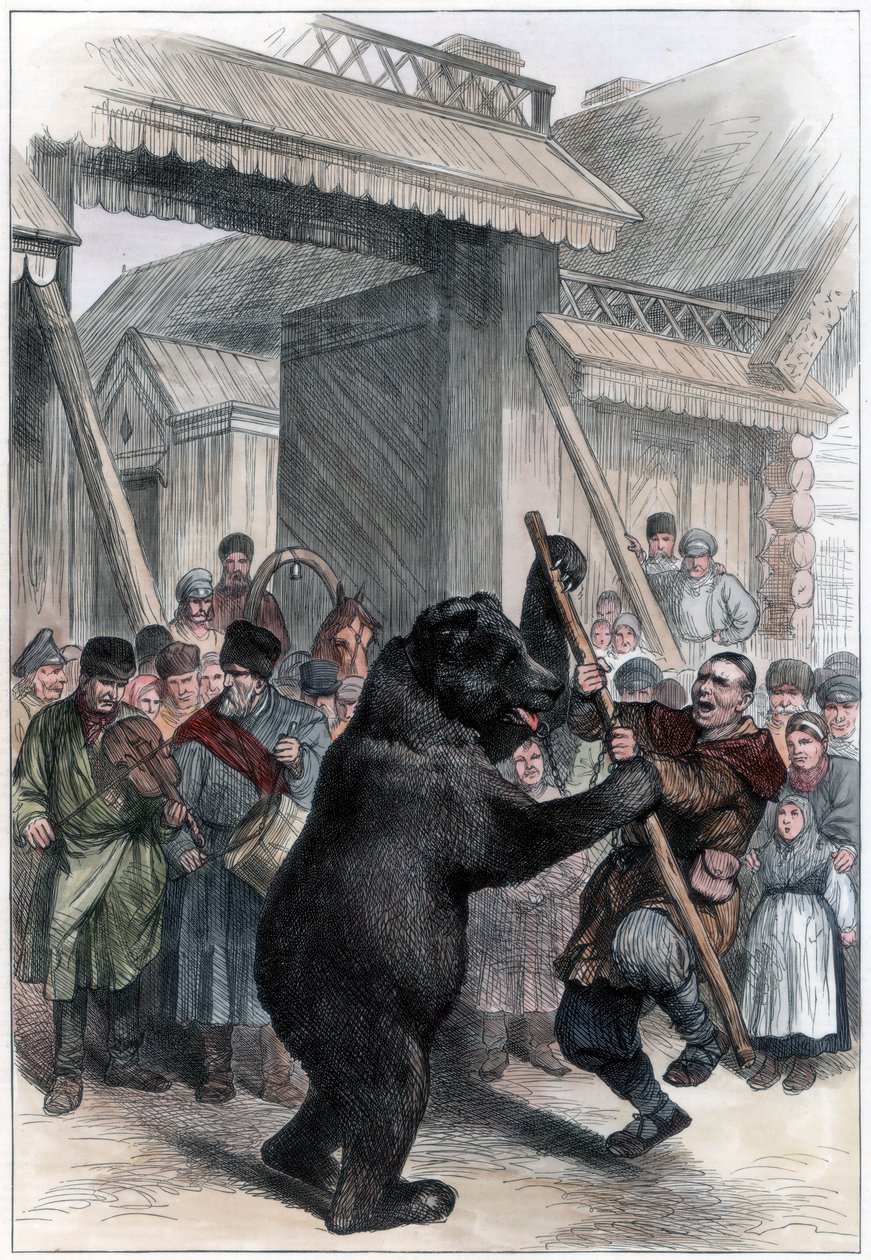 Optredende beer in een Russisch dorp, 1877 door Unbekannt