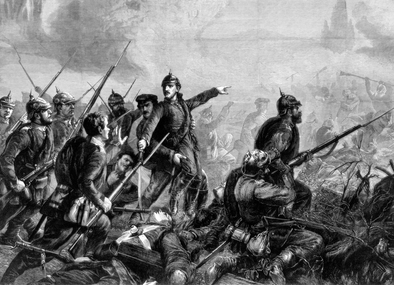 Pruisische infanterie in de aanval, Frans-Pruisische Oorlog, 1870 door Unbekannt