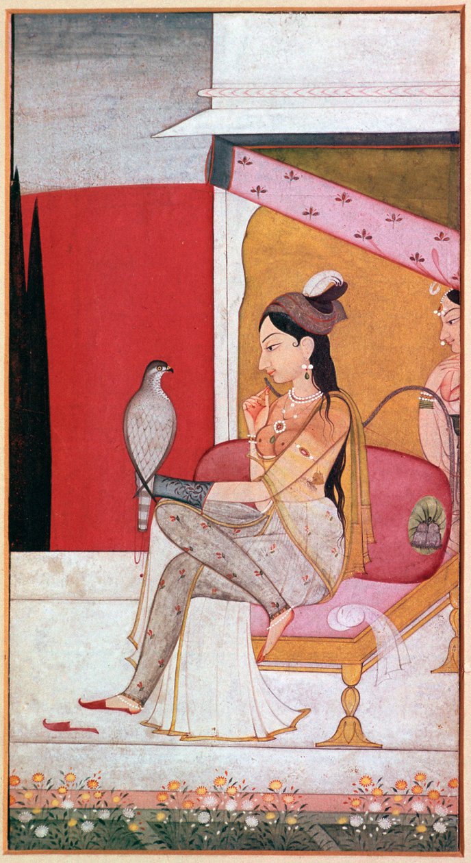Punjabi illustratie van een dame met een havik door Unbekannt