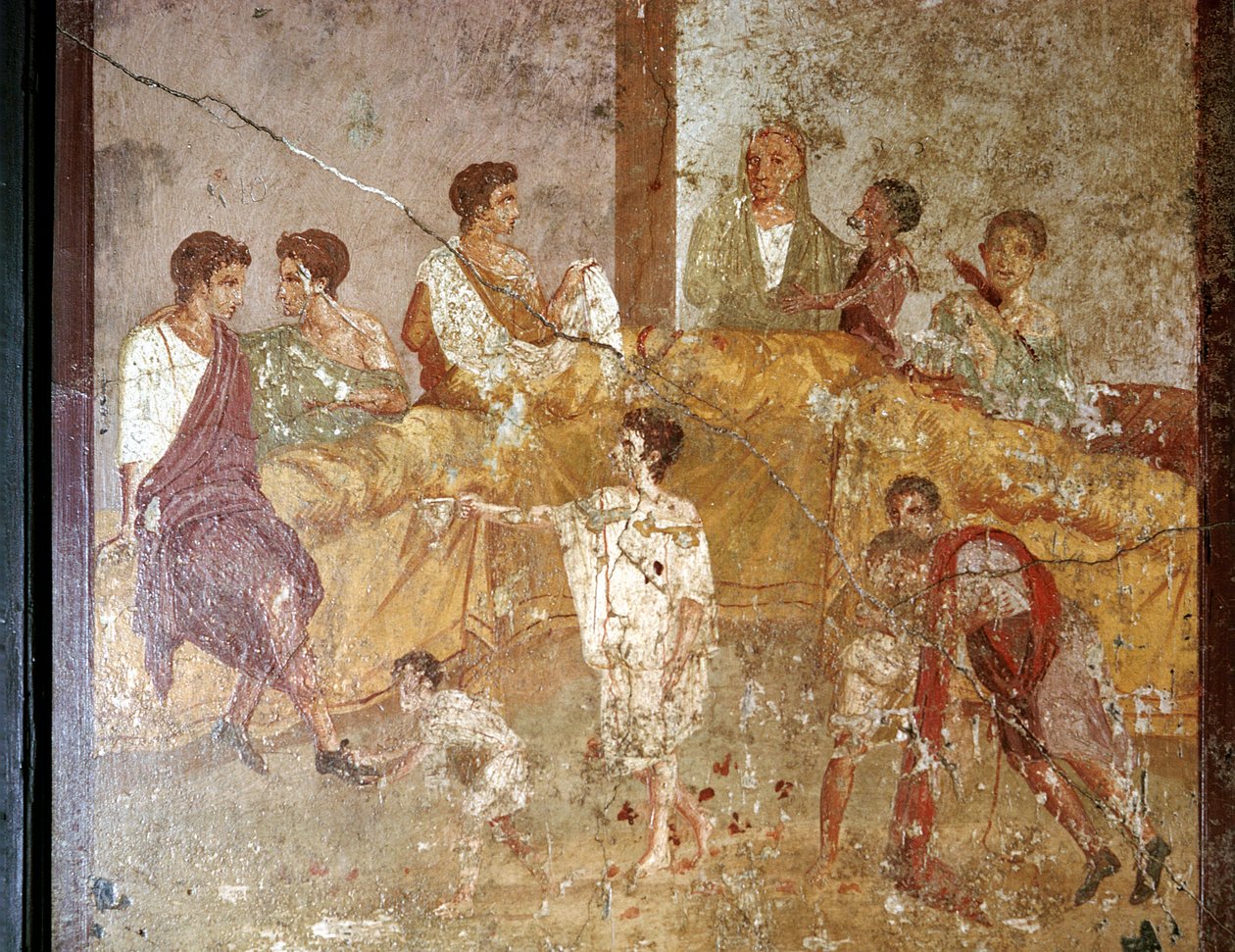Romeinse muurschildering van een dinerfeest, Pompeii, Italië door Unbekannt
