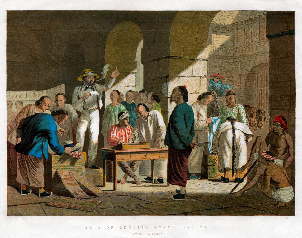 Verkoop van Engelse goederen, Canton, 1858 door Unbekannt