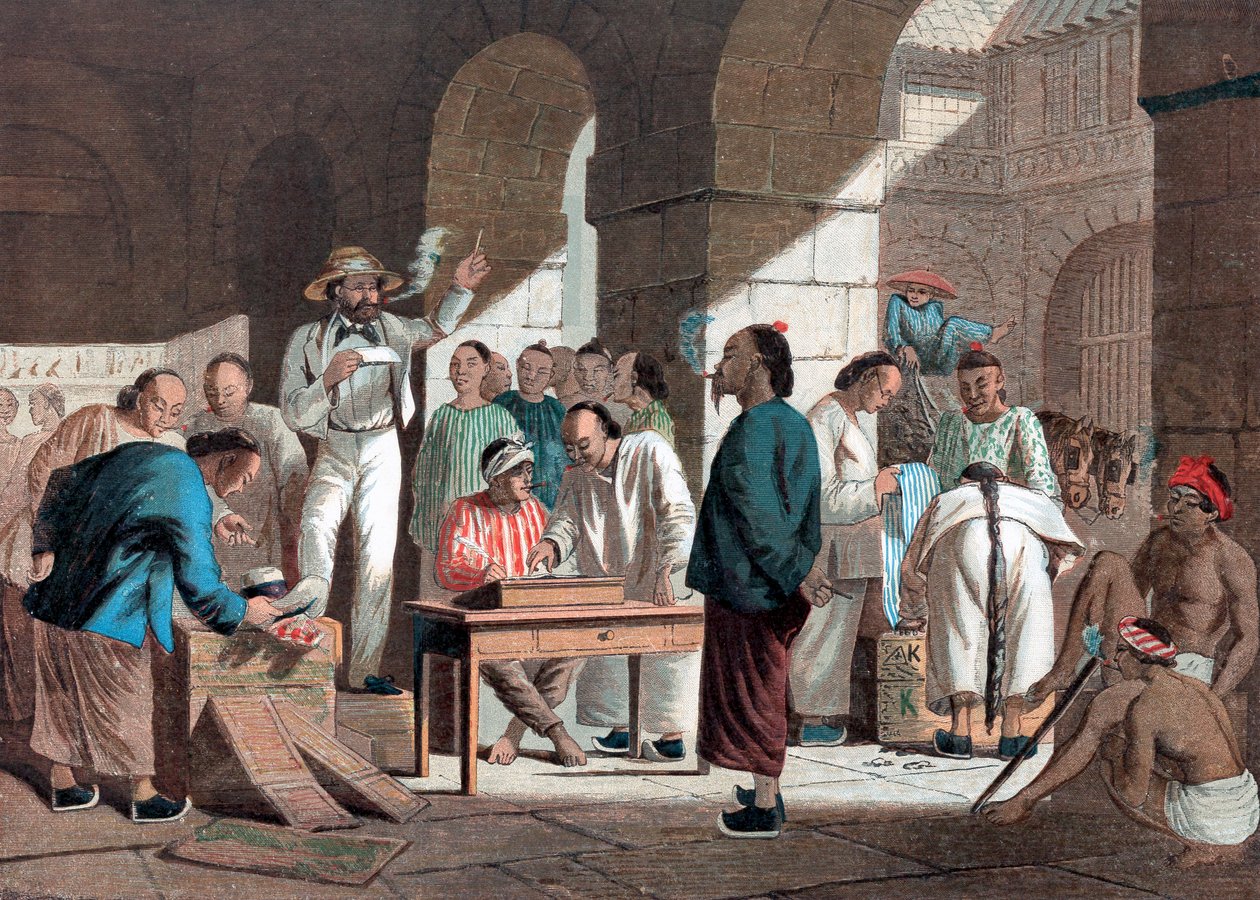 Verkoop van Engelse goederen in Canton, 1858 door Unbekannt