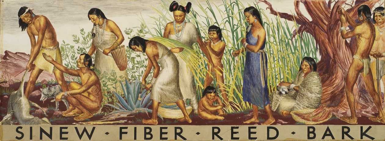 Pezen, vezels, riet, schors muurschildering studie, ca. 1933-1943 door Unbekannt