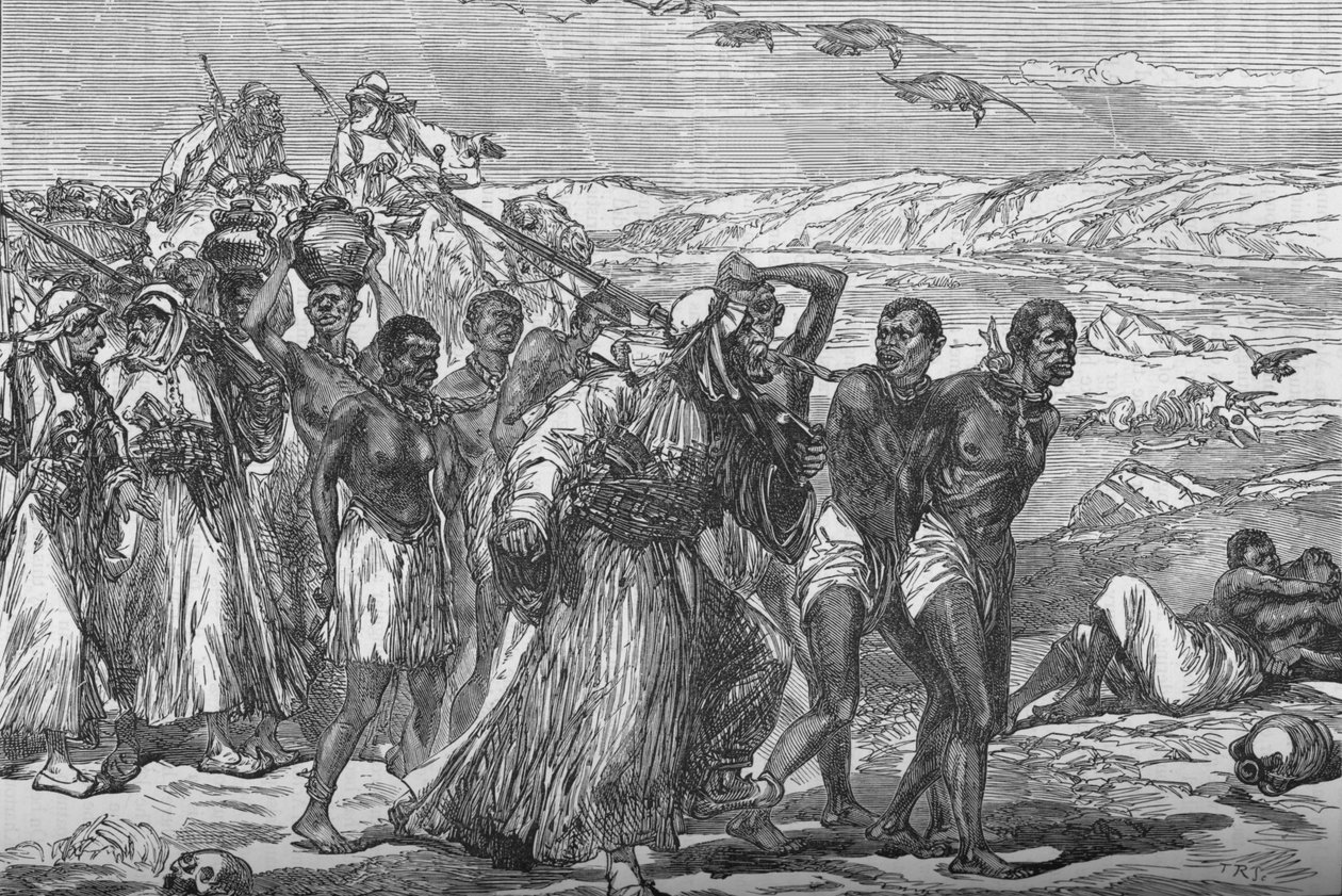 Slavenkaravaan die de Afrikaanse woestijn oversteekt, ca. 1881-85 door Unbekannt