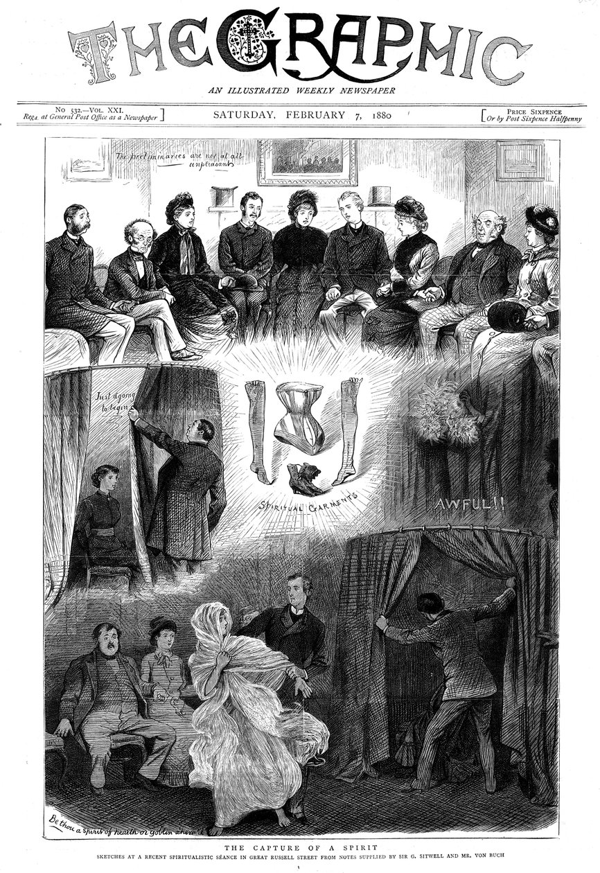 Geest ontmaskerd bij een seance in Londen, 1880 door Unbekannt