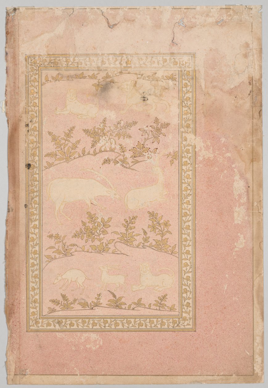 Gestencilde scènes van leeuw en gazelle, ca. 1710 door Unbekannt