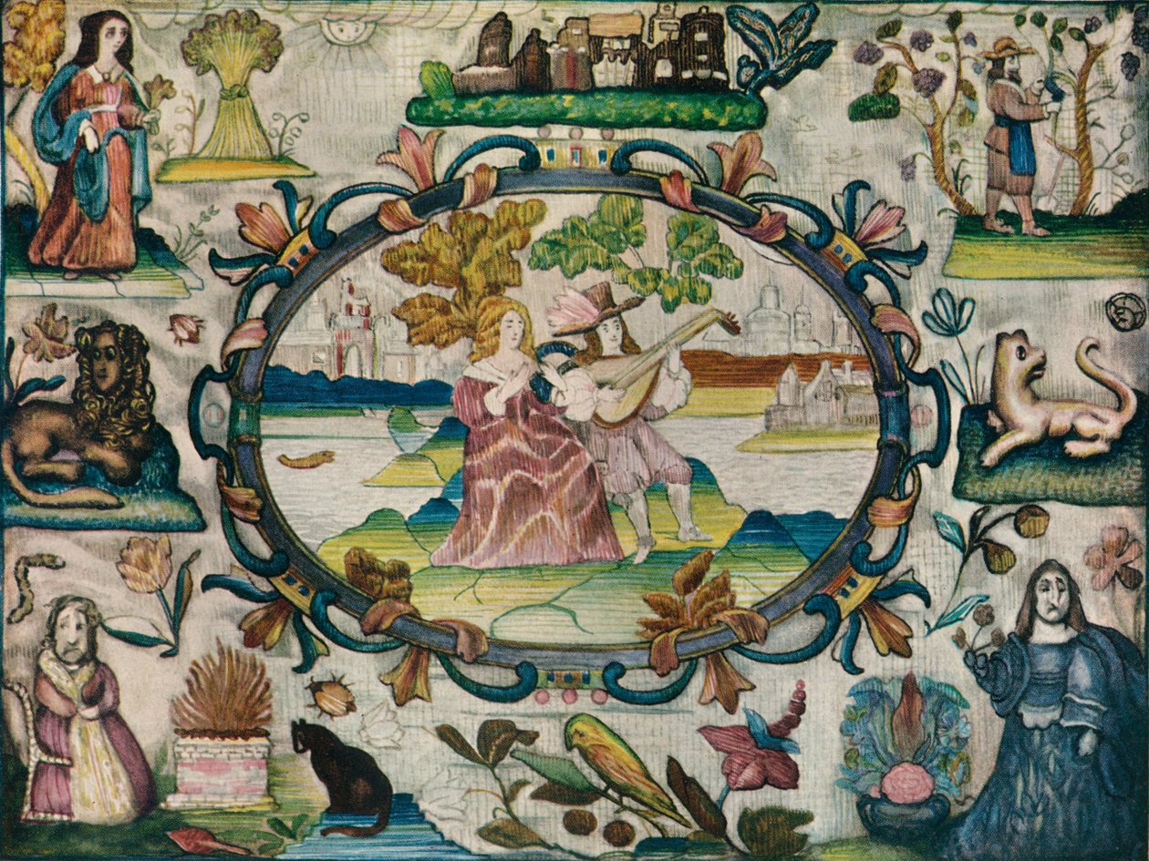Stump Work Picture, Jacobijnse periode, ca. 1615 door Unbekannt