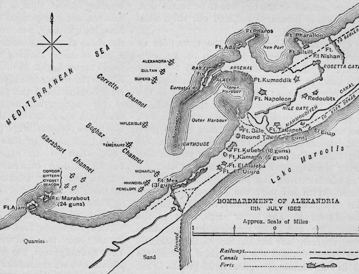Het bombardement van Alexandrië: Schetskaart door Unbekannt