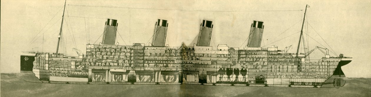 De Olympic 46.439 ton getoond in doorsnede, ca. 1930 door Unbekannt