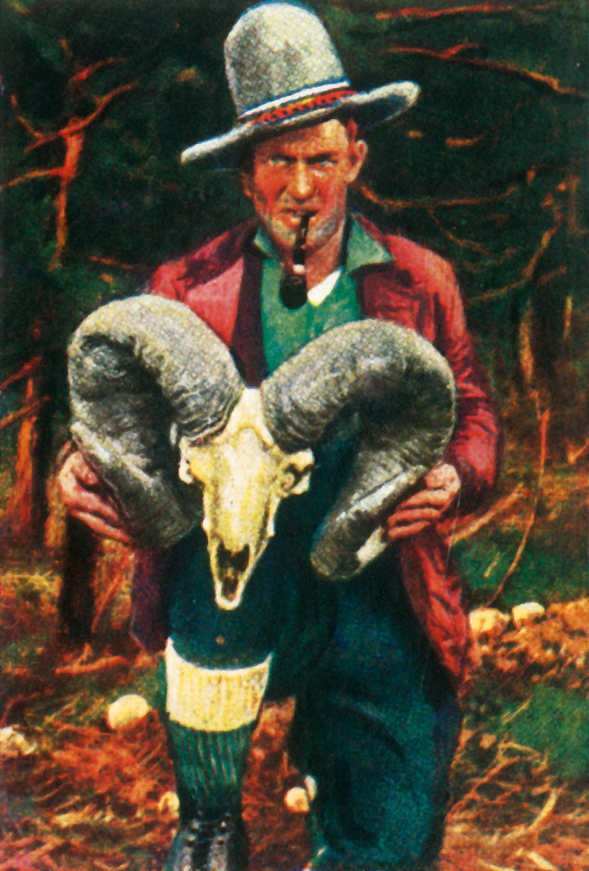 Trofeejager met Bighorn schapenschedel, ca. 1928 door Unbekannt