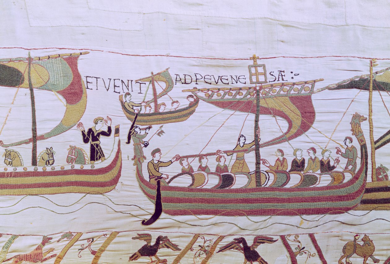 Hertog Willem en de Normandische invasievloot steken het kanaal over, Tapijt van Bayeux door Unbekannt Unbekannt