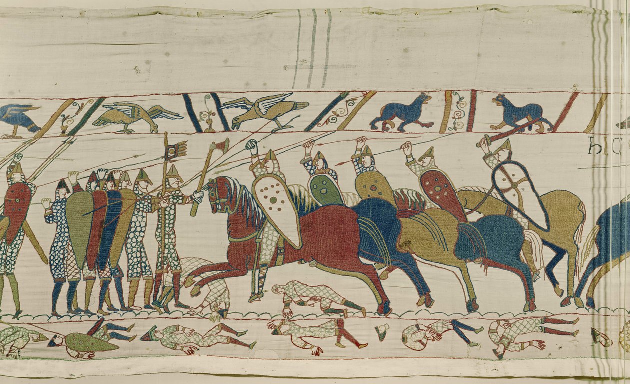 Het Engelse schildmuur wordt aangevallen en de strijd begint, Tapijt van Bayeux door Unbekannt Unbekannt