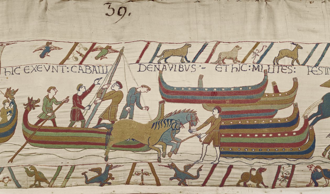 Paarden lossen van de Normandische schepen, Tapijt van Bayeux door Unbekannt Unbekannt