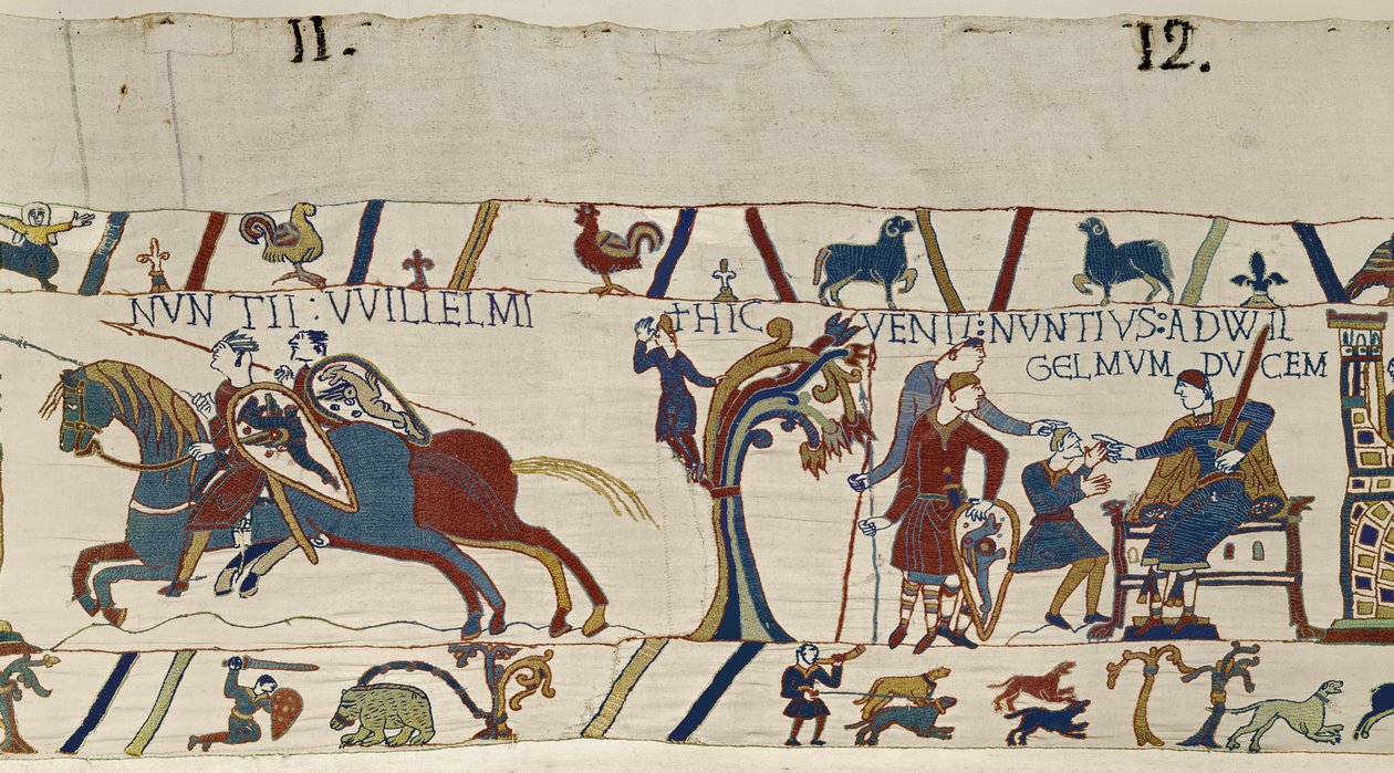 Gewapende ruiters van hertog Willem arriveren om Harold naar hem te begeleiden, Tapijt van Bayeux door Unbekannt Unbekannt