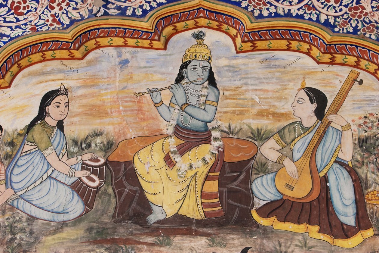 Detail van schilderijen langs de binnenplaats van het Nawalgarh Podar Haveli Museum, Nawalgarh, Rajasthan, India door Unbekannt Unbekannt