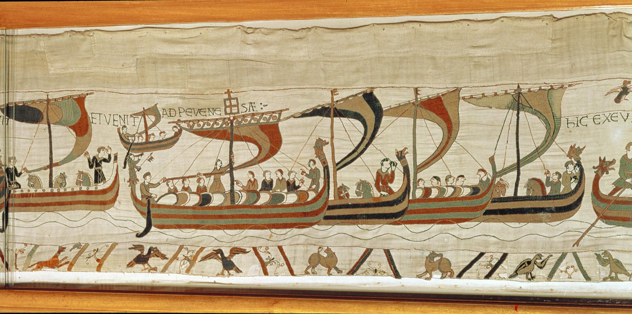 Hertog Willem en de Normandische invasievloot steken het kanaal over, Tapijt van Bayeux door Unbekannt Unbekannt