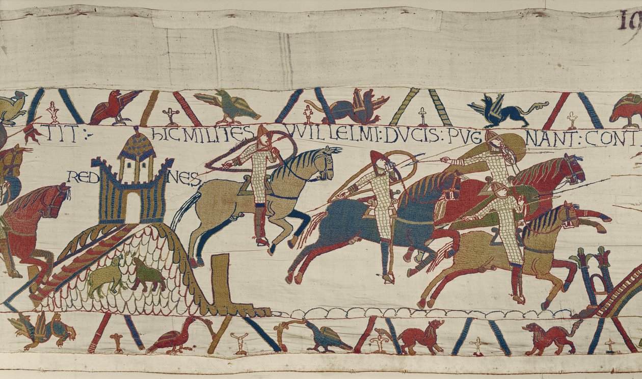 Soldaten van hertog Willem rijden langs Rennes op jacht naar hertog Conan van Bretagne, Tapijt van Bayeux door Unbekannt Unbekannt