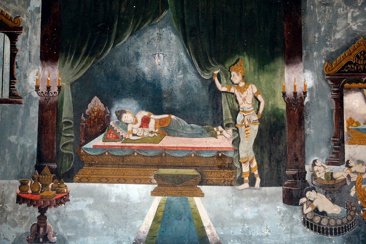 Fresco met een scène uit het leven van Boeddha in Wat Phra Doi Suthep, Chiang Mai. Boeddha als prins Siddharta verlaat zijn vrouw en kind. Thailand door Unbekannt Unbekannt