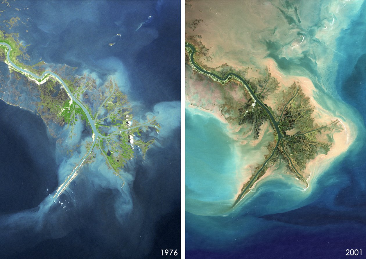 Mississippi River Delta, Louisiana, VS in 1976 en 2001 door Unbekannt Unbekannt