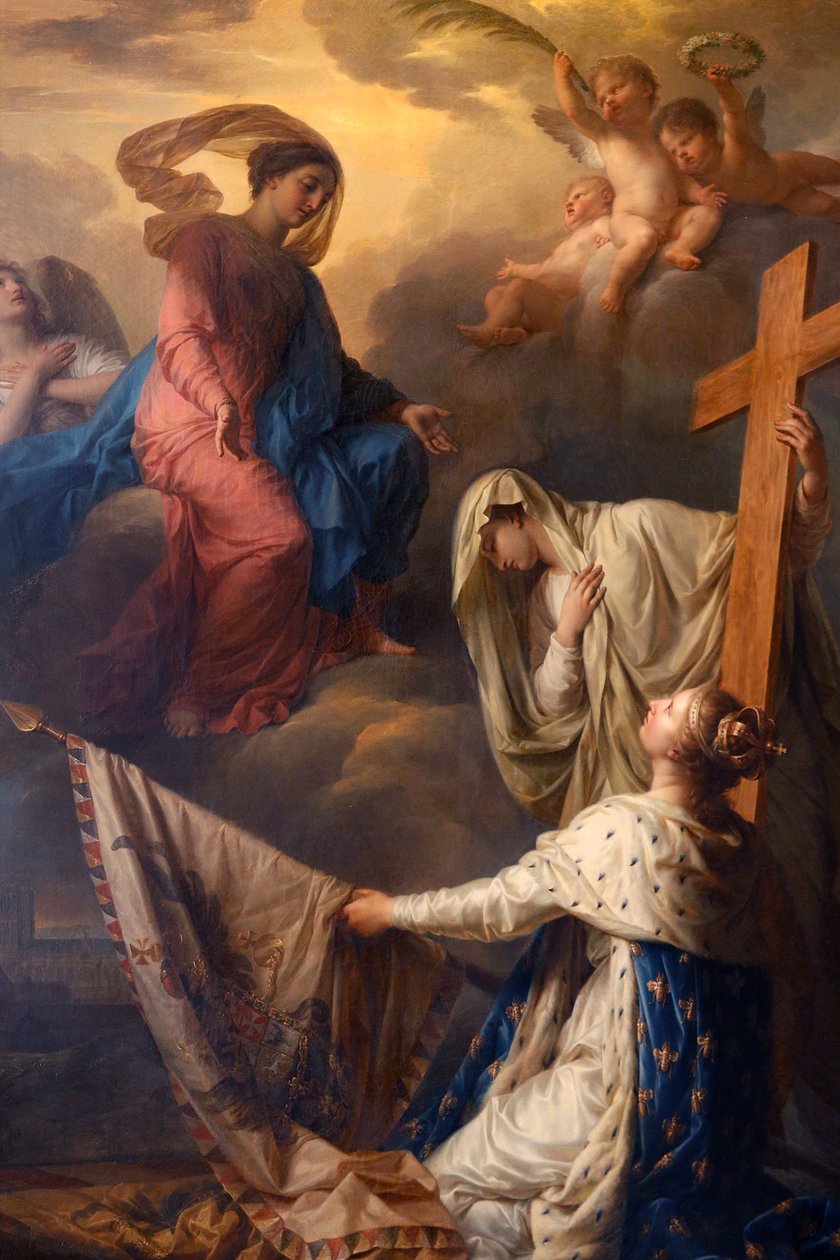 Notre-Dame du Val-de-Grace katholieke kerk, Parijs, Frankrijk, Schilderij: "La France appuyée sur la Religion consacre à Notre-Dame-des-Gloires des drapeaux pris à l